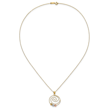 14k Tri-color Diamond-cut Beads on Spiral Pendant 18 inch Necklace