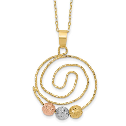 14k Tri-color Diamond-cut Beads on Spiral Pendant 18 inch Necklace