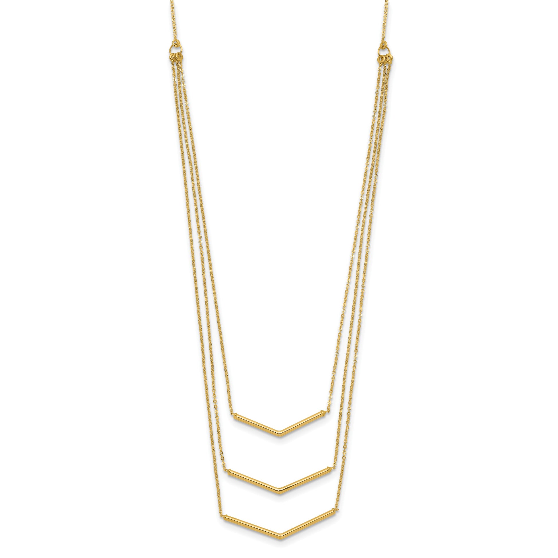 14k Polished Chevron Bar 3-Strand Bib 16 inch Necklace Plus 2 inch Extender