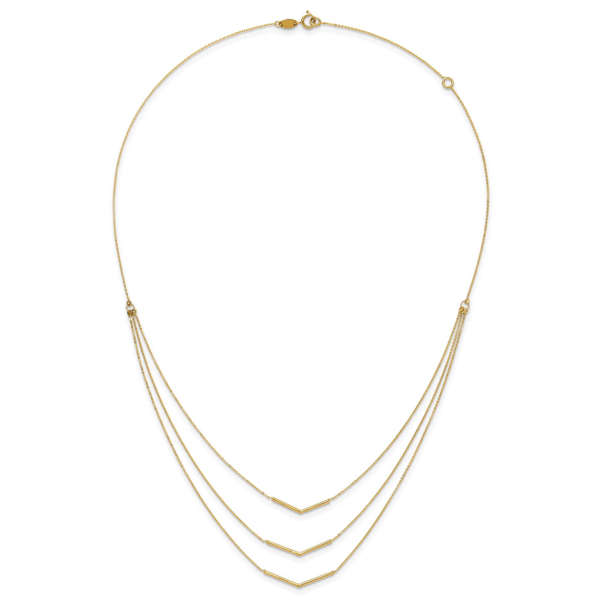 14k Polished Chevron Bar 3-Strand Bib 16 inch Necklace Plus 2 inch Extender