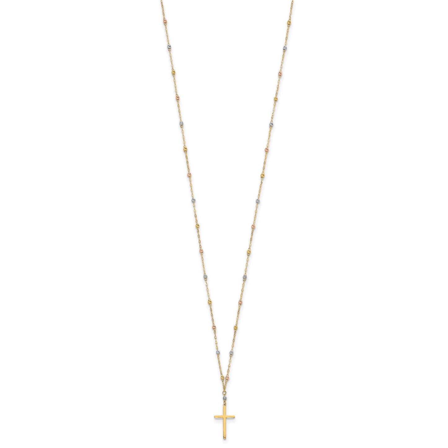 14k Tri-color Diamond-cut Beaded Chain with Polished Cross Pendant 17 inch Necklace
