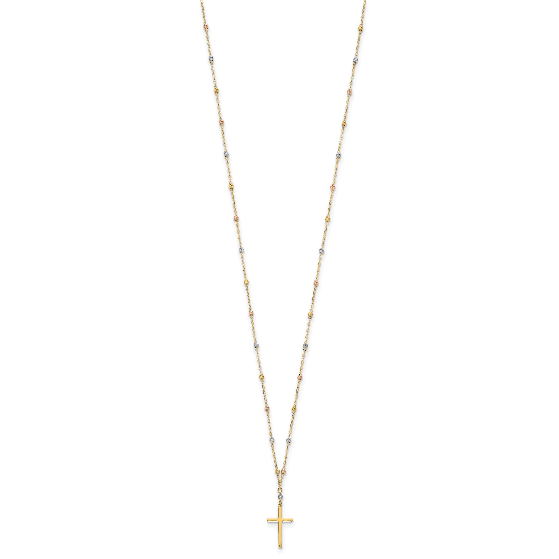 14k Tri-color Diamond-cut Beaded Chain with Polished Cross Pendant 17 inch Necklace