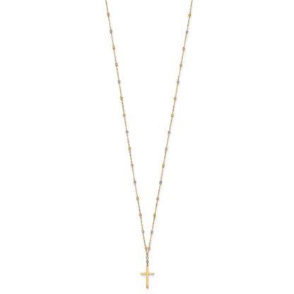 14k Tri-color Diamond-cut Beaded Chain with Polished Cross Pendant 17 inch Necklace