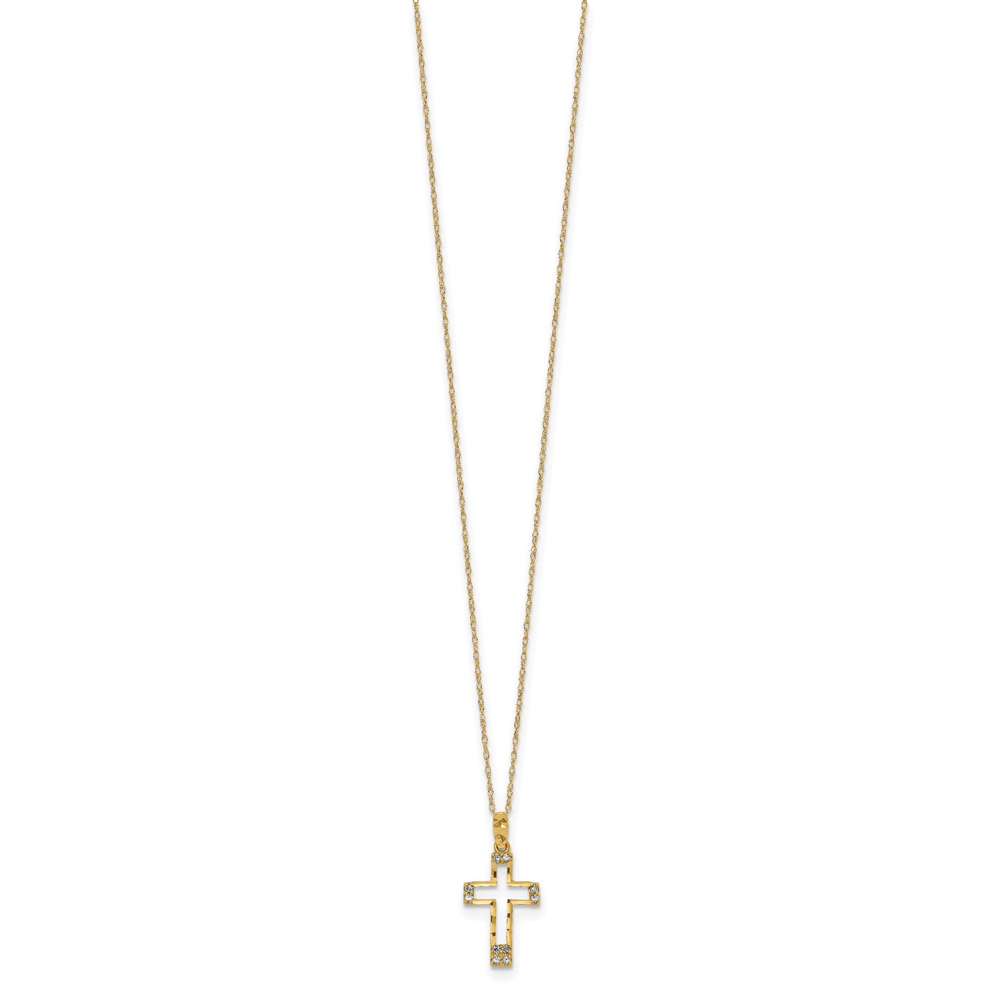 14k Polished Diamond-cut CZ Cross Pendant 16 inch Necklace