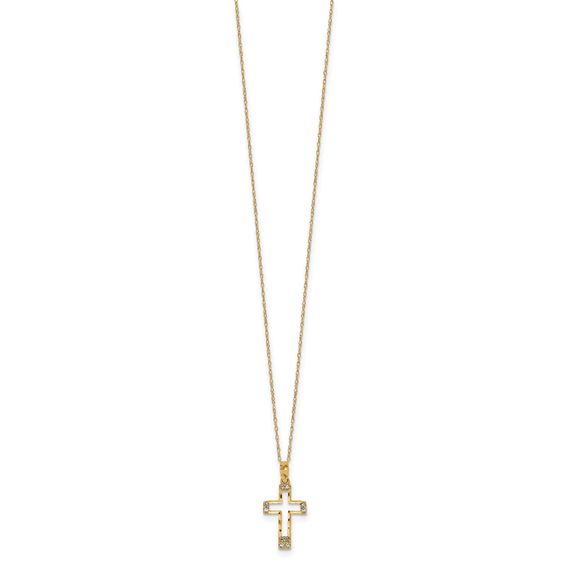 14k Polished Diamond-cut CZ Cross Pendant 16 inch Necklace