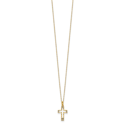 14k Polished Diamond-cut CZ Cross Pendant 16 inch Necklace