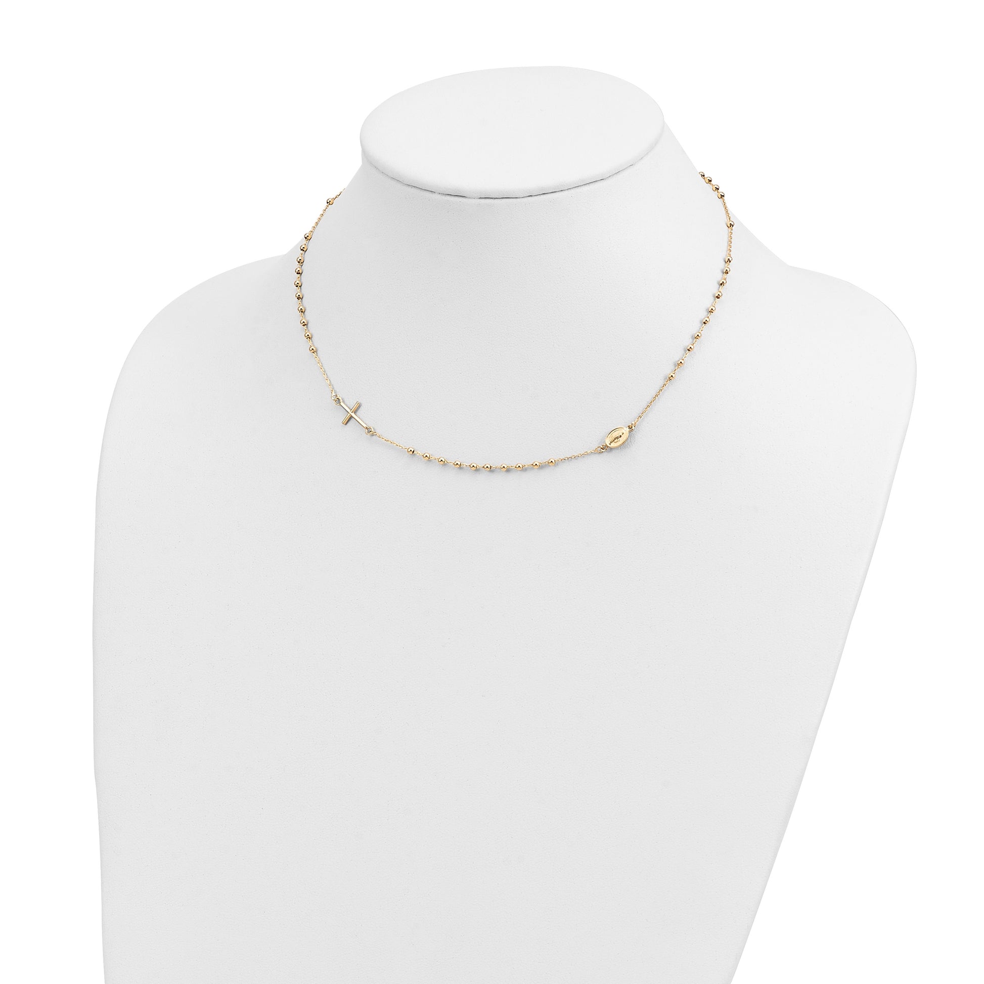 14k Polished Cross and Miraculous Medal Beaded Rosary Design 16 inch Necklace