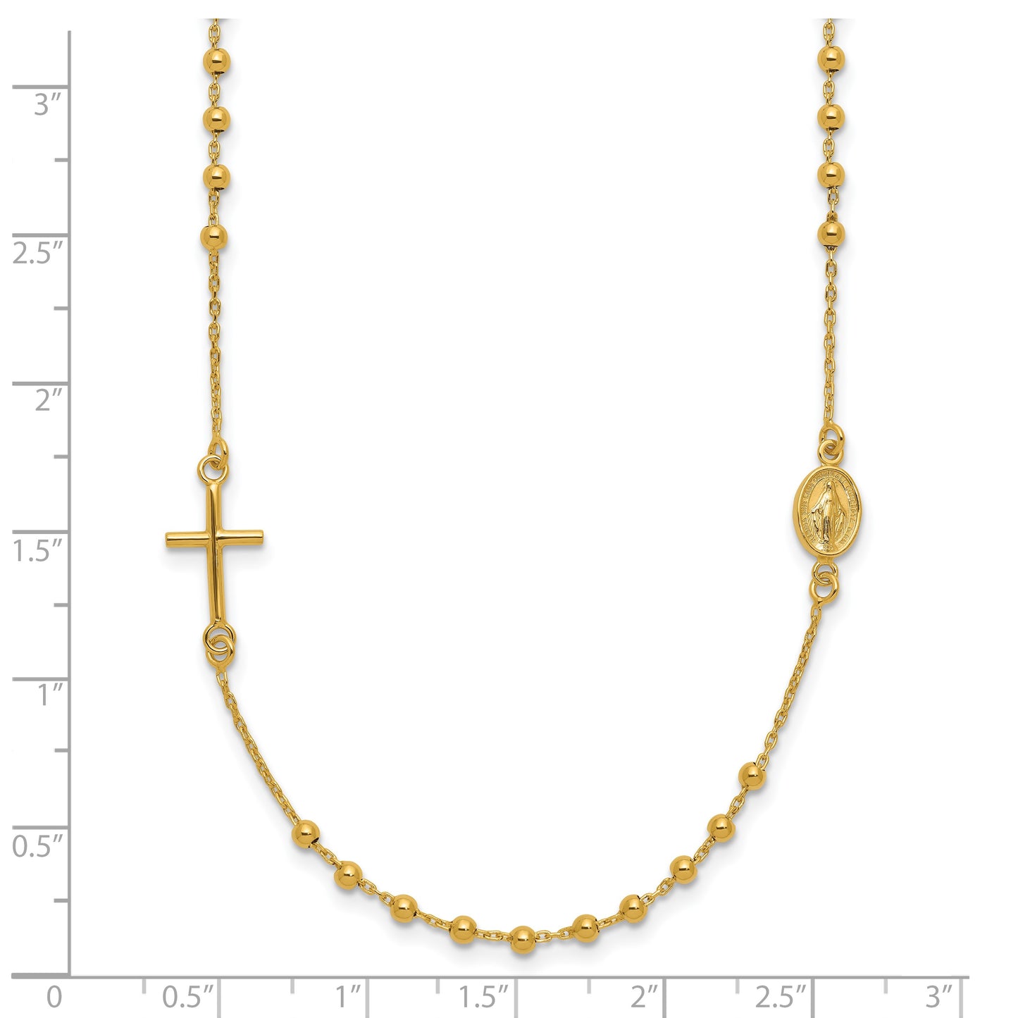 14k Polished Cross and Miraculous Medal Beaded Rosary Design 16 inch Necklace