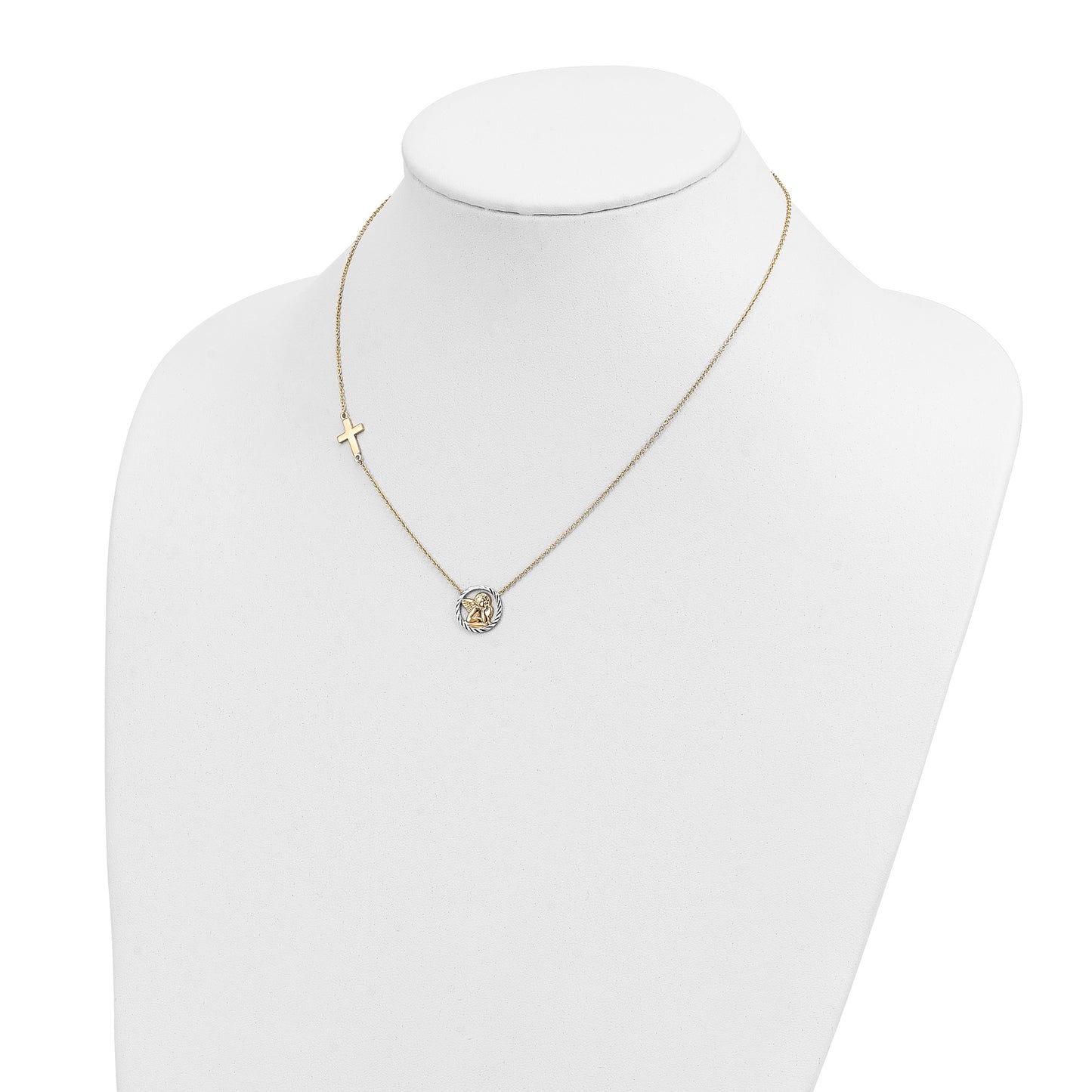 14k and White Rhodium Diamond-cut Angel and Cross 17 inch Necklace