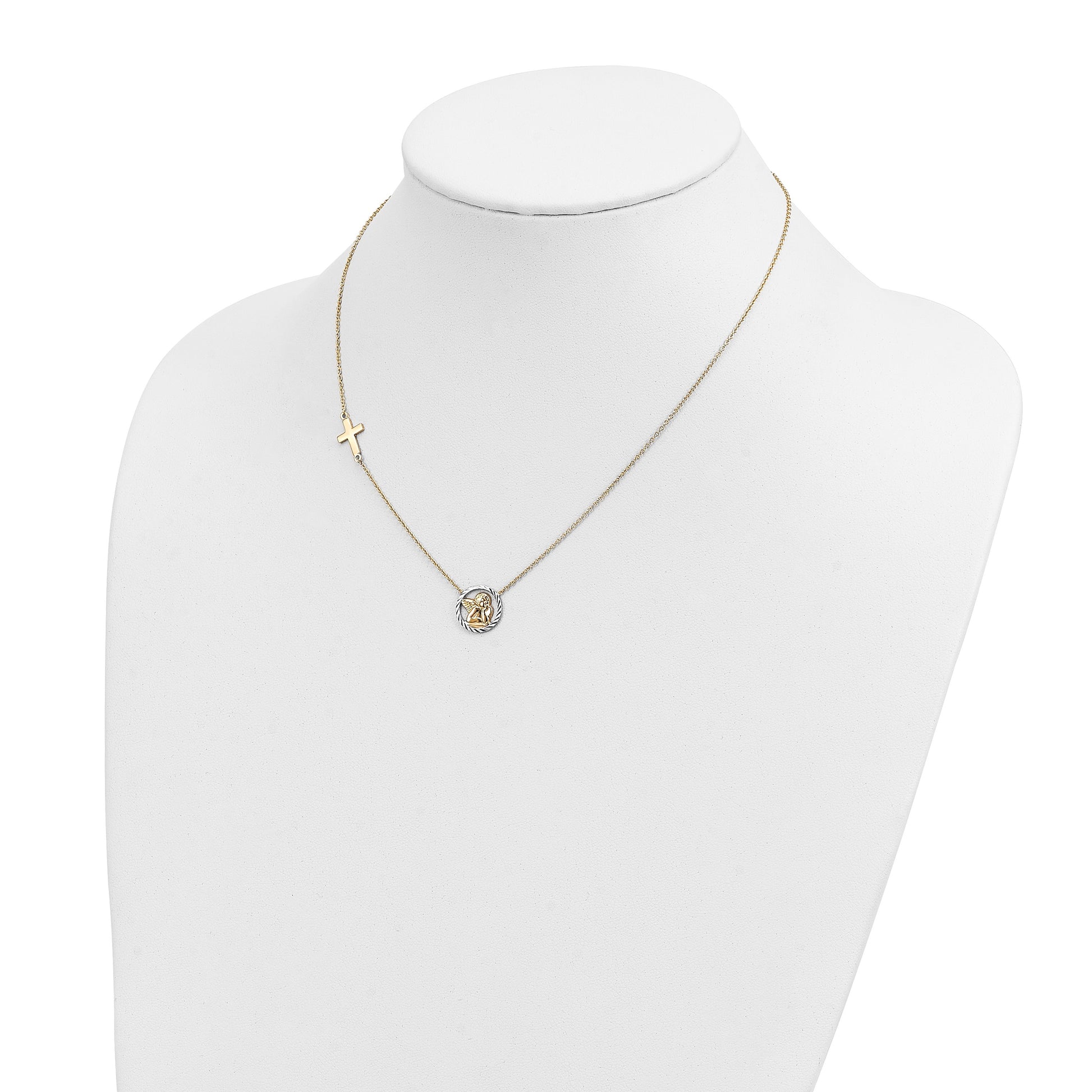 14k and White Rhodium Diamond-cut Angel and Cross 17 inch Necklace