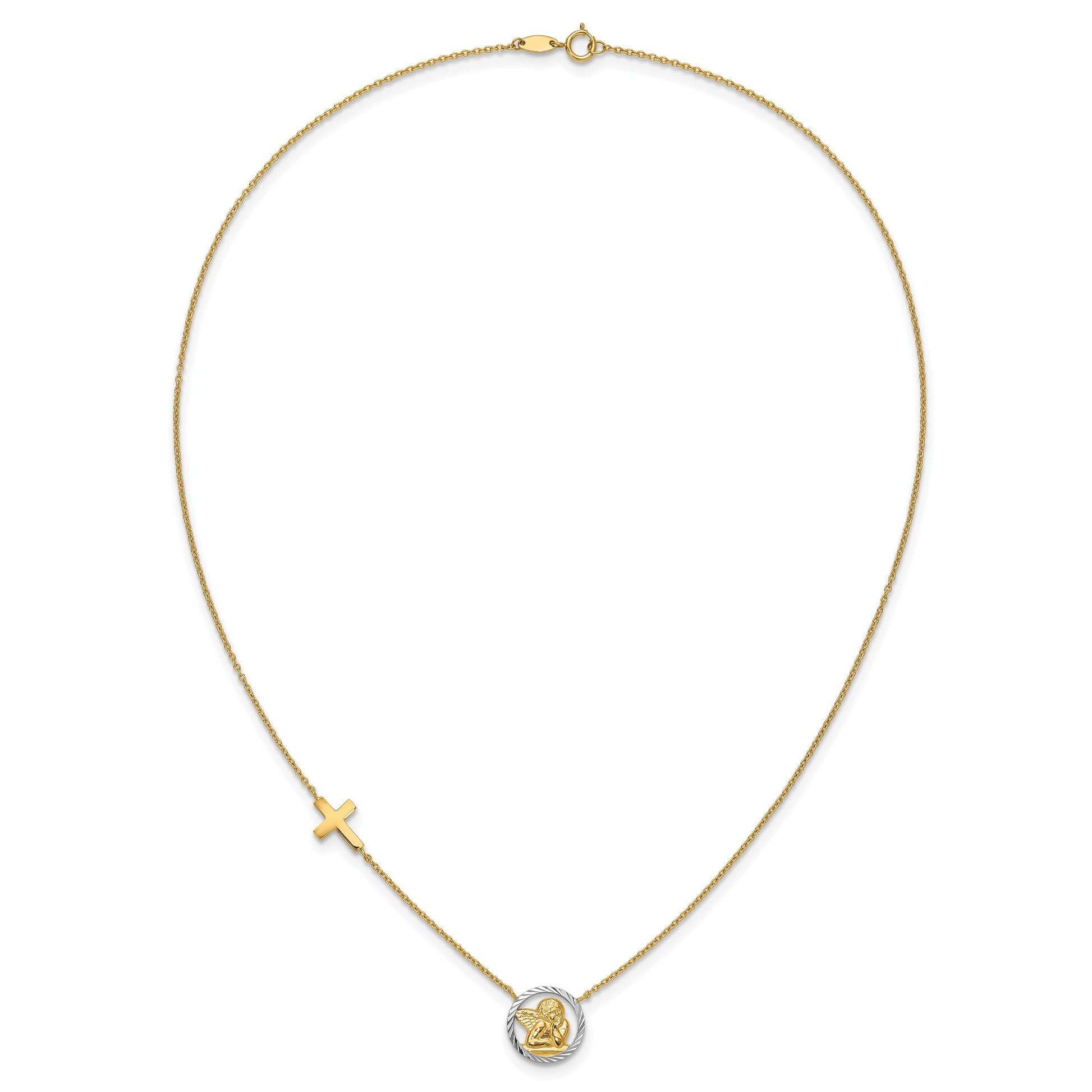 14k and White Rhodium Diamond-cut Angel and Cross 17 inch Necklace