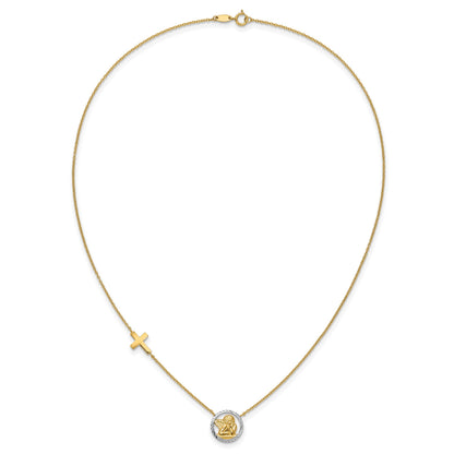 14k and White Rhodium Diamond-cut Angel and Cross 17 inch Necklace