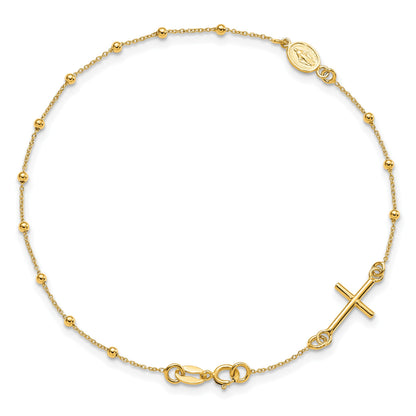 14k Polished Cross and Miraculous Medal Beaded 7.5 inch Rosary Bracelet