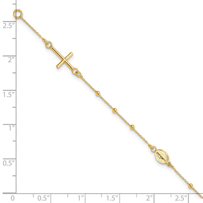 14k Polished Cross and Miraculous Medal Beaded 7.5 inch Rosary Bracelet