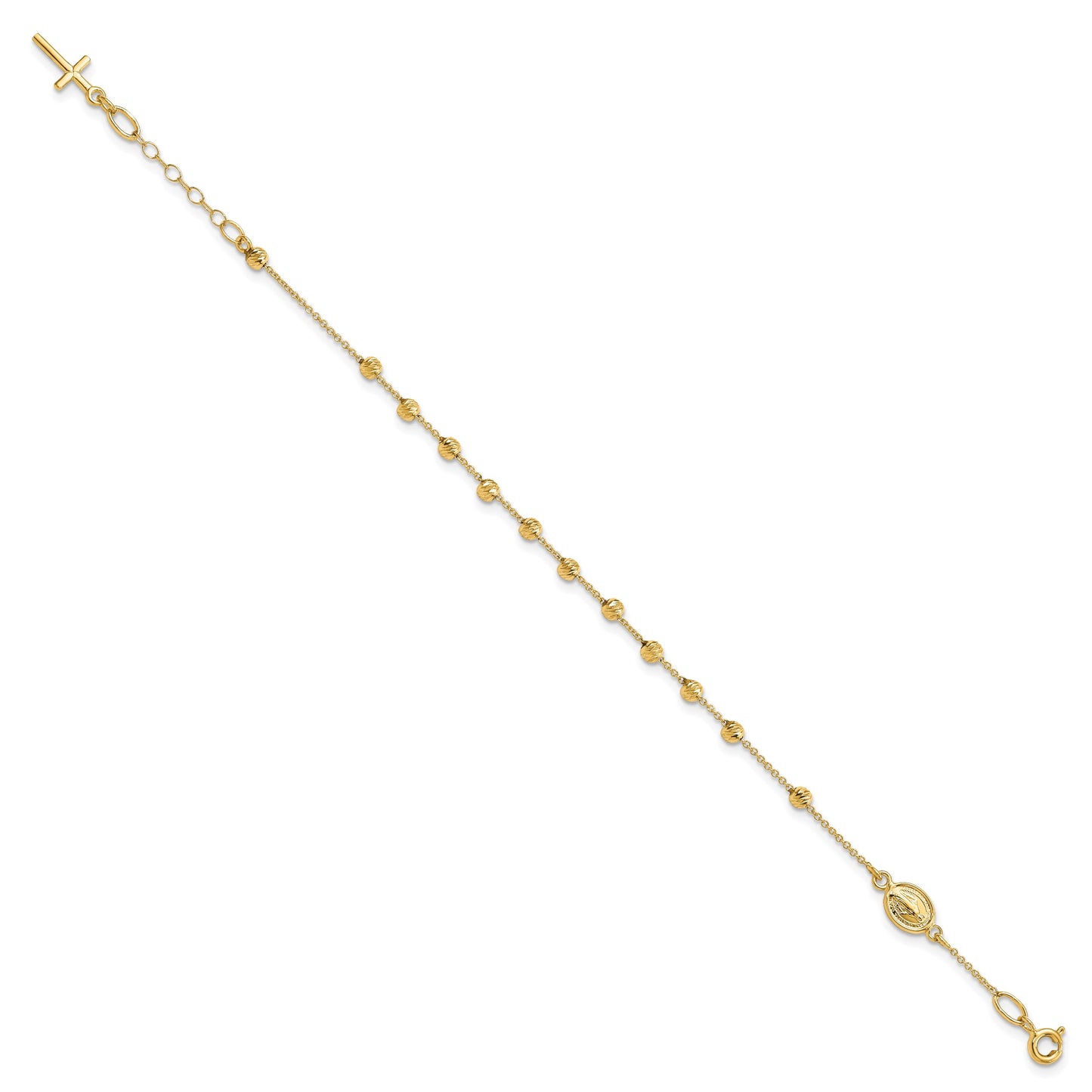 14k Polished Cross and Miraculous Medal with Diamond-cut Beads 6 inch Childs Rosary Bracelet with 0.75 inch Extender