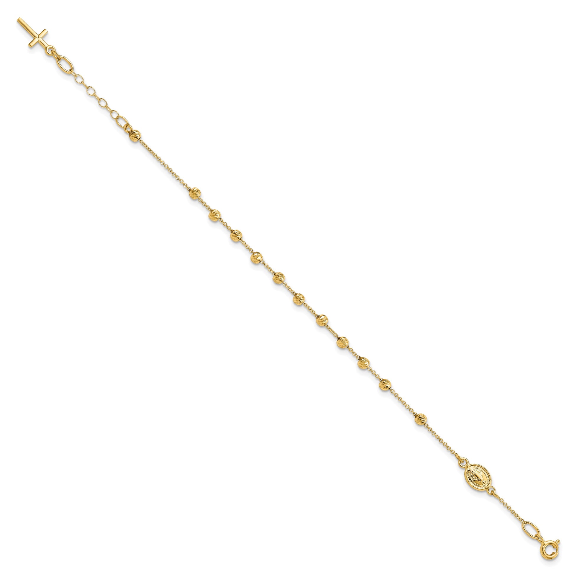 14k Polished Cross and Miraculous Medal with Diamond-cut Beads 6 inch Childs Rosary Bracelet with 0.75 inch Extender