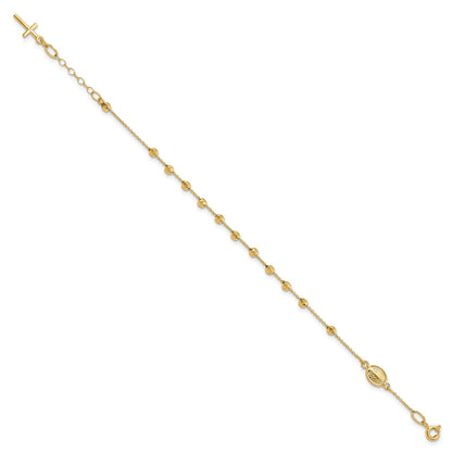 14k Polished Cross and Miraculous Medal with Diamond-cut Beads 6 inch Childs Rosary Bracelet with 0.75 inch Extender