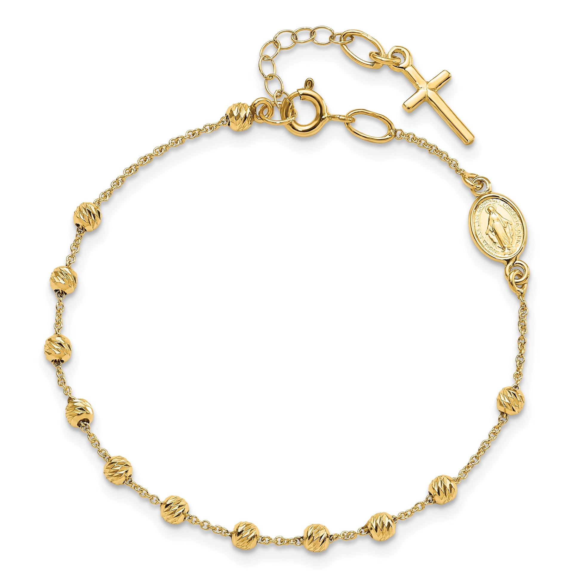14k Polished Cross and Miraculous Medal with Diamond-cut Beads 6 inch Childs Rosary Bracelet with 0.75 inch Extender