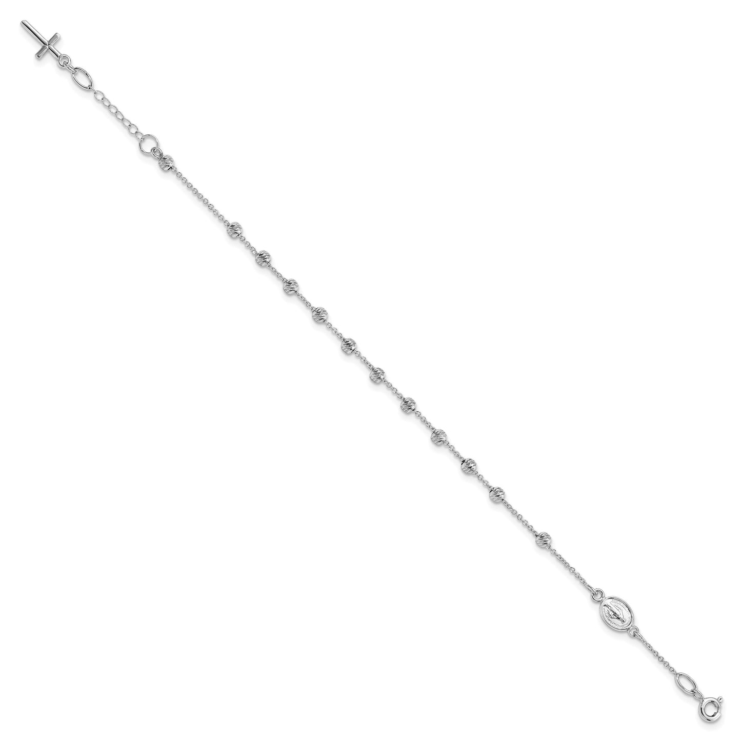 14k White Gold Polished Cross and Miraculous Medal with Diamond-cut Beads 6 inch Childs Rosary Bracelet with 0.75 inch Extender