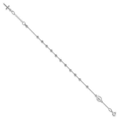 14k White Gold Polished Cross and Miraculous Medal with Diamond-cut Beads 6 inch Childs Rosary Bracelet with 0.75 inch Extender