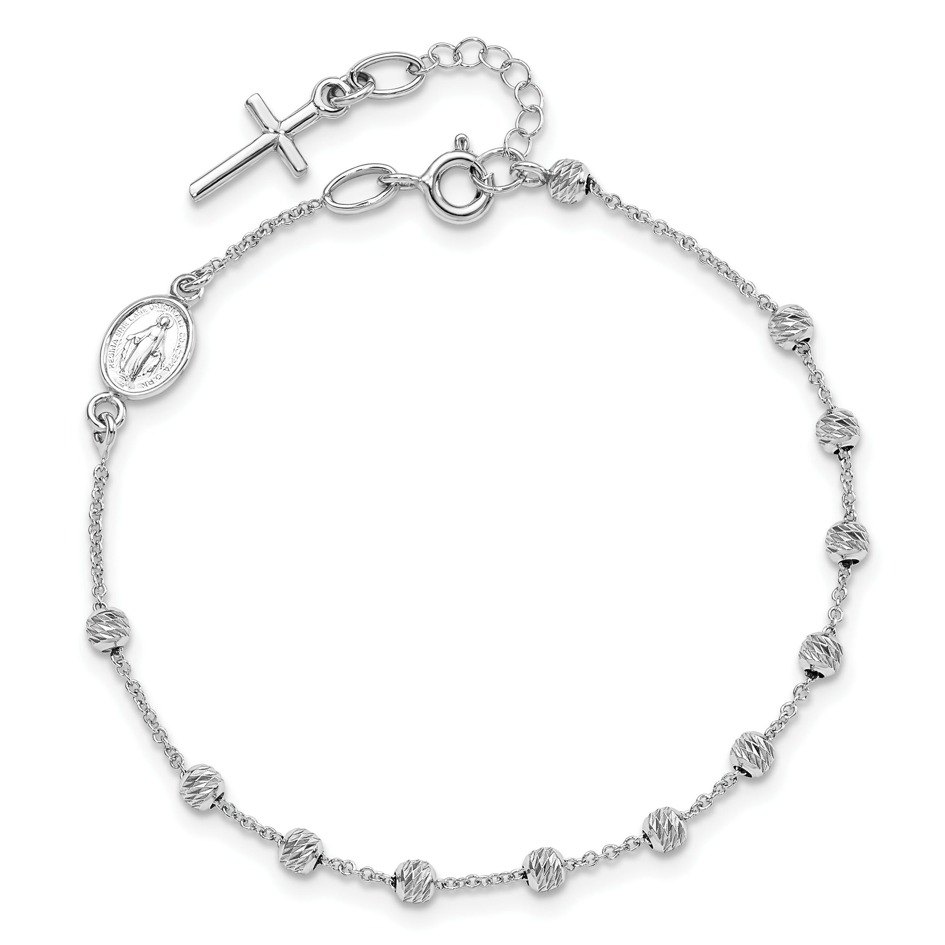 14k White Gold Polished Cross and Miraculous Medal with Diamond-cut Beads 6 inch Childs Rosary Bracelet with 0.75 inch Extender
