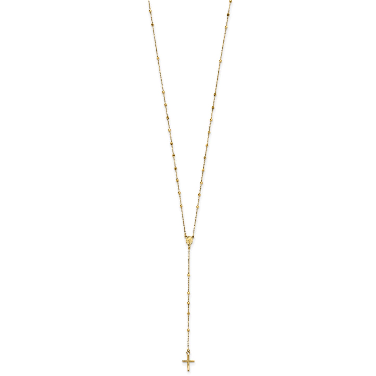 14k Polished Cross and Miraculous Medal Beaded 24 inch Rosary Necklace
