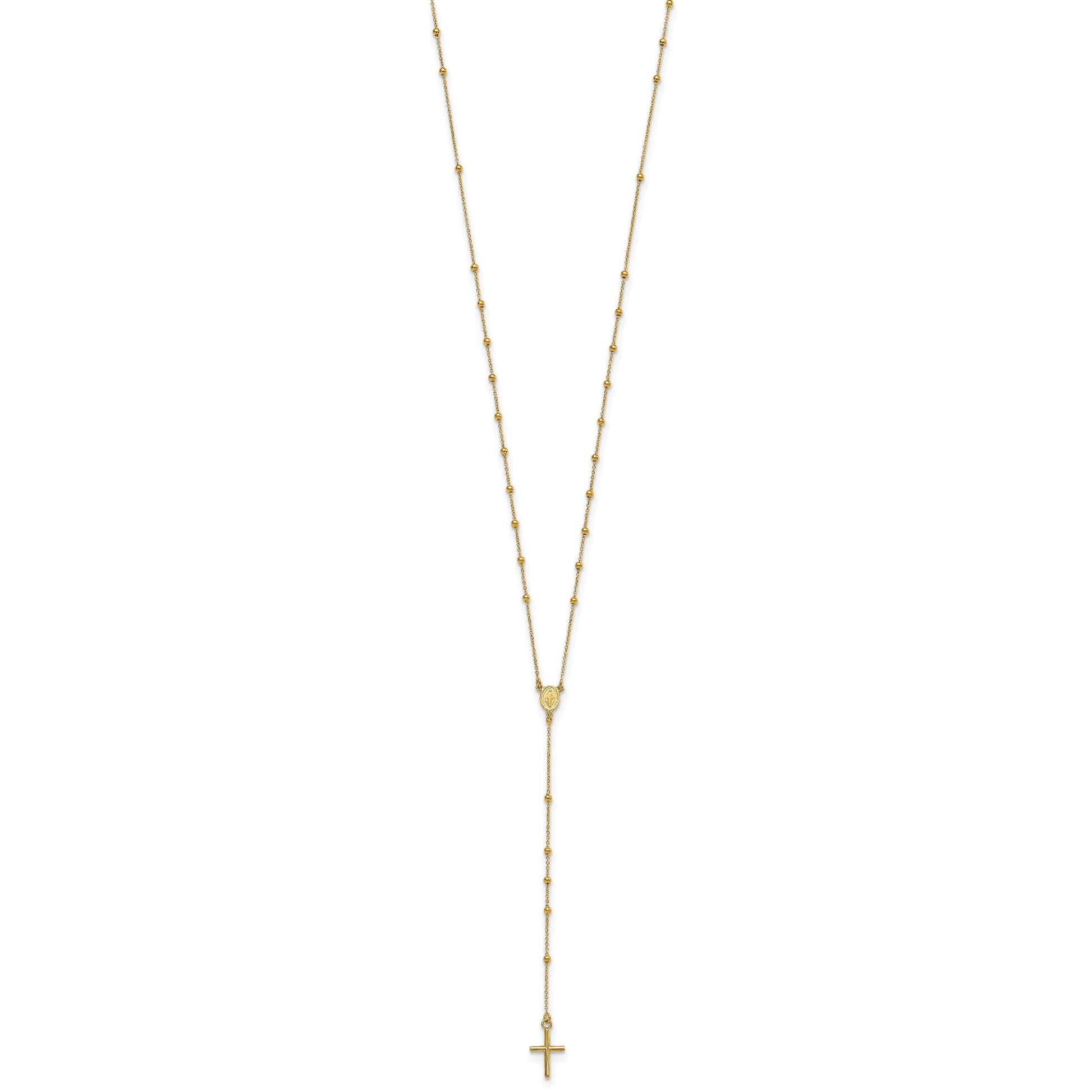14k Polished Cross and Miraculous Medal Beaded 24 inch Rosary Necklace