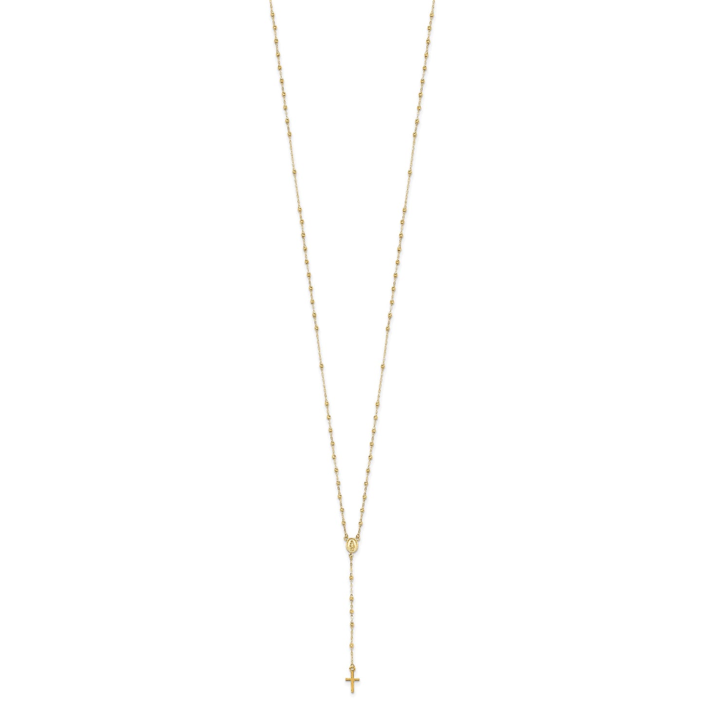 14k Polished Cross and Miraculous Medal with Diamond-cut Beads 17 inch Rosary Necklace Plus 3 inch Extender