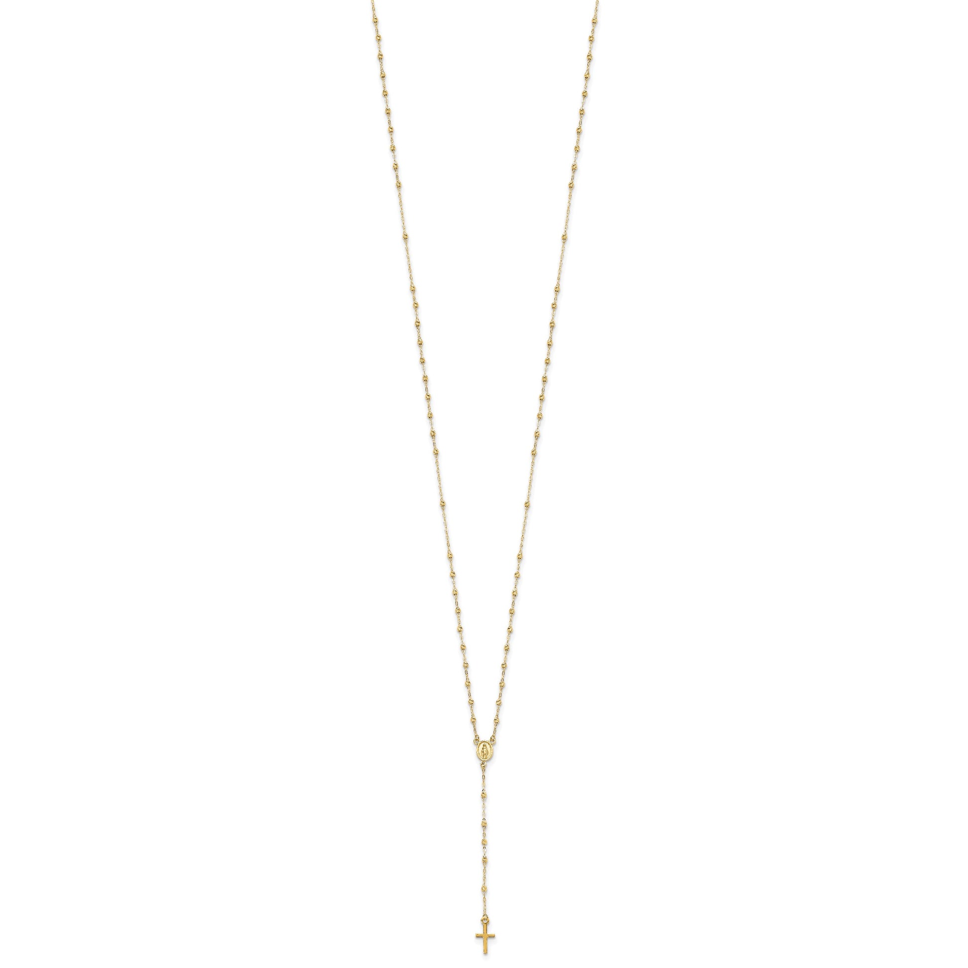 14k Polished Cross and Miraculous Medal with Diamond-cut Beads 17 inch Rosary Necklace Plus 3 inch Extender