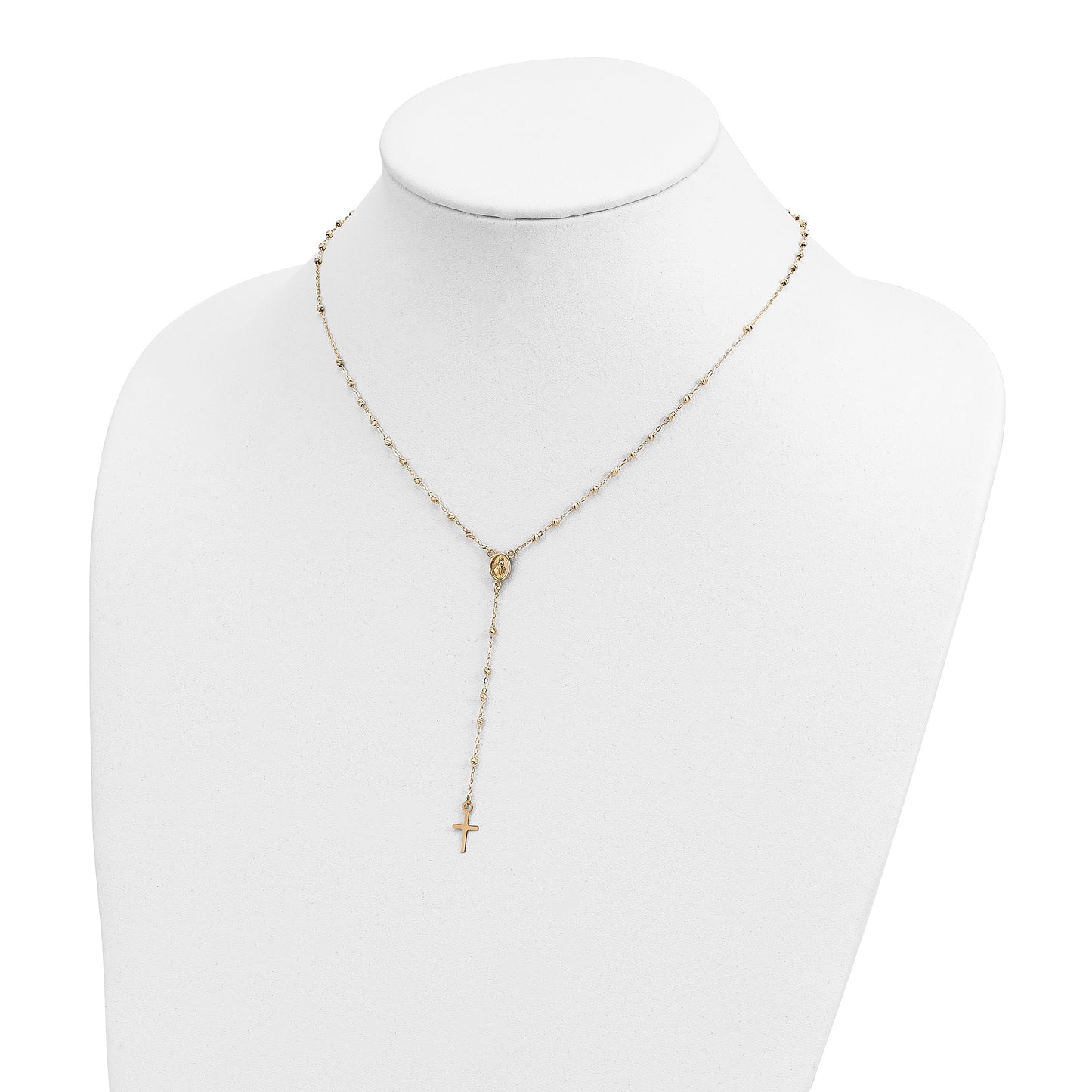 14k Polished Cross and Miraculous Medal with Diamond-cut Beads 17 inch Rosary Necklace Plus 3 inch Extender