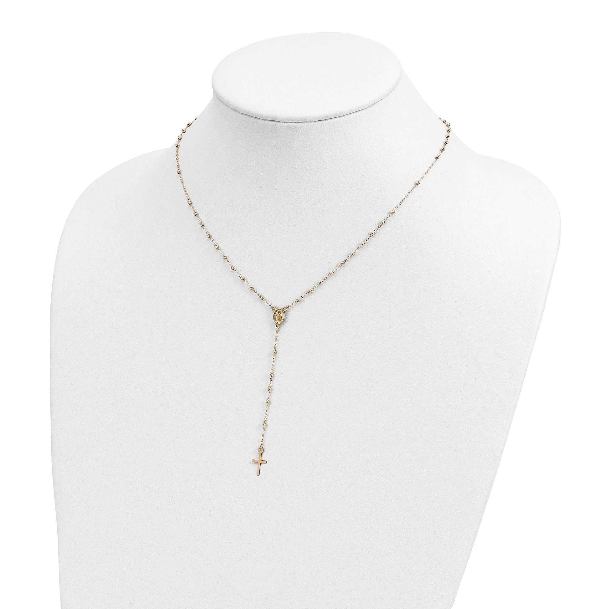 14k Polished Cross and Miraculous Medal with Diamond-cut Beads 17 inch Rosary Necklace Plus 3 inch Extender