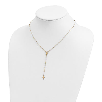14k Polished Cross and Miraculous Medal with Diamond-cut Beads 17 inch Rosary Necklace Plus 3 inch Extender