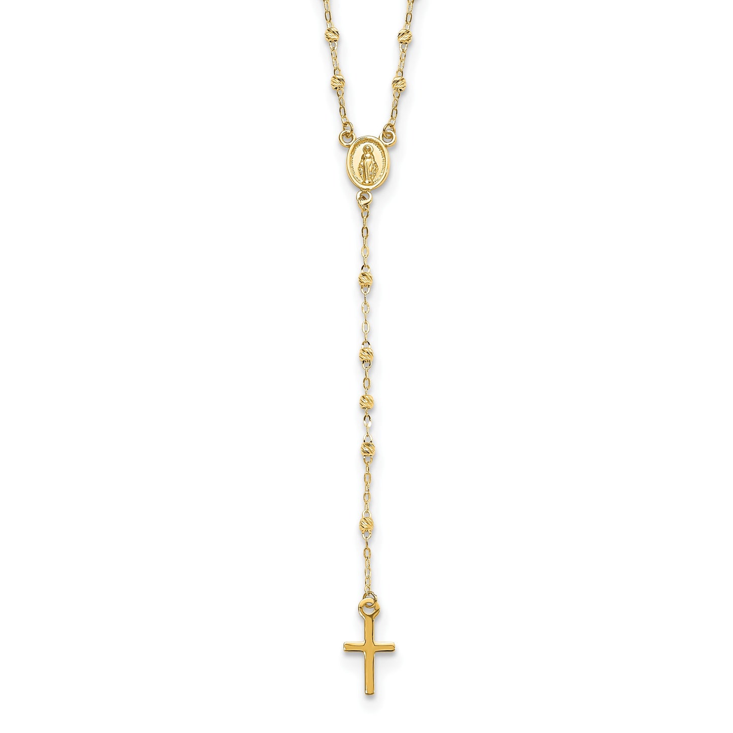14k Polished Cross and Miraculous Medal with Diamond-cut Beads 17 inch Rosary Necklace Plus 3 inch Extender