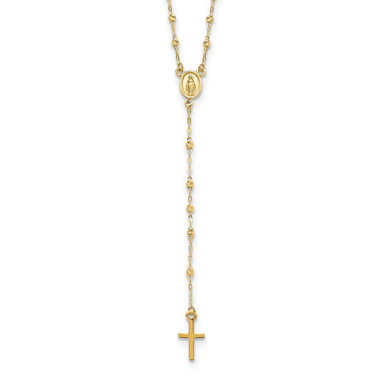 14k Polished Cross and Miraculous Medal with Diamond-cut Beads 17 inch Rosary Necklace Plus 3 inch Extender
