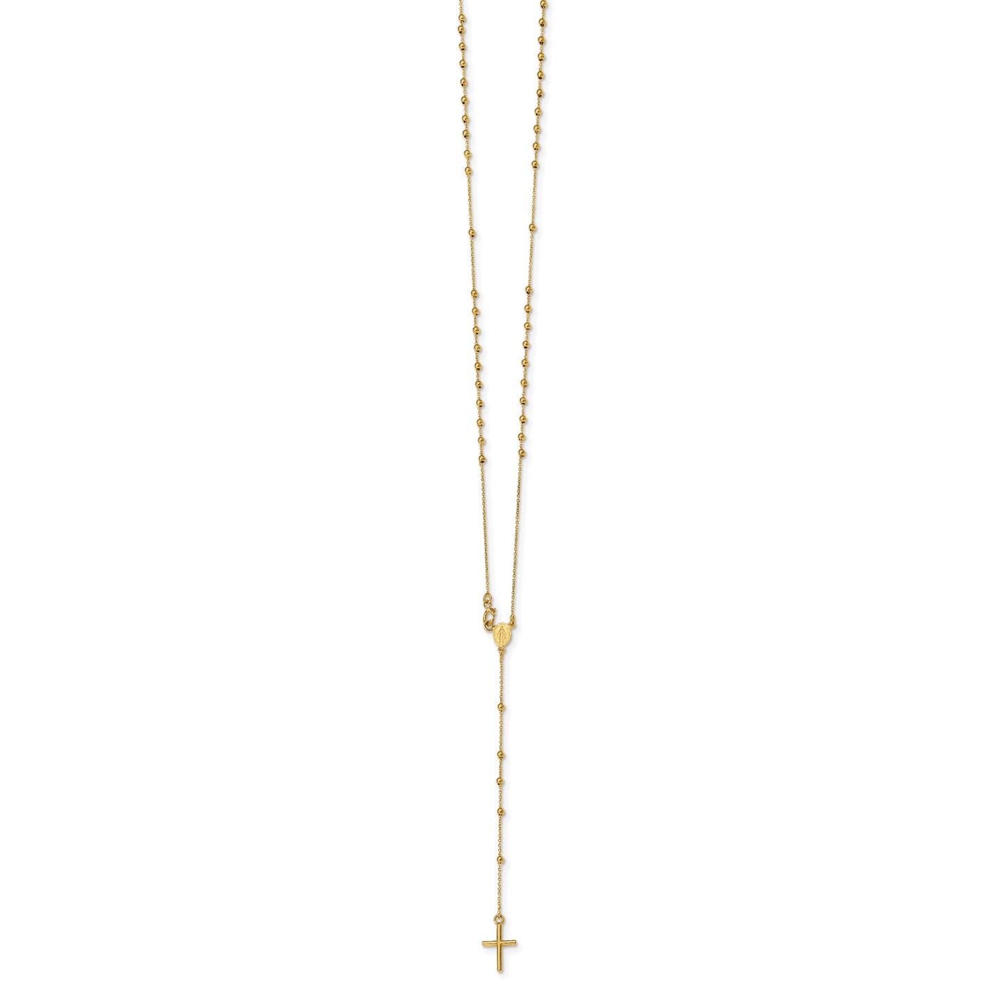 14k Polished Cross and Miraculous Medal Beaded 16.5 inch Rosary Necklace
