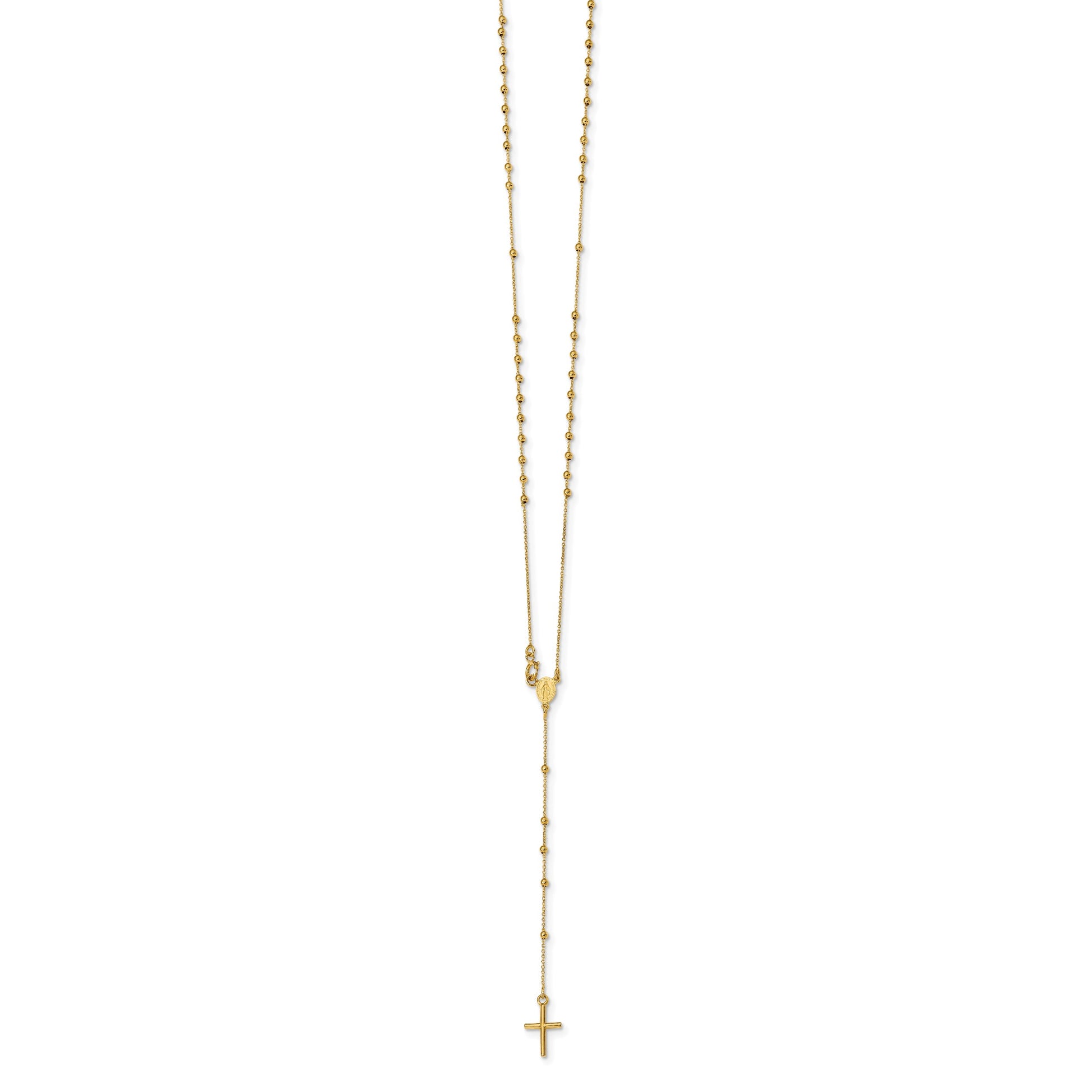 14k Polished Cross and Miraculous Medal Beaded 16.5 inch Rosary Necklace