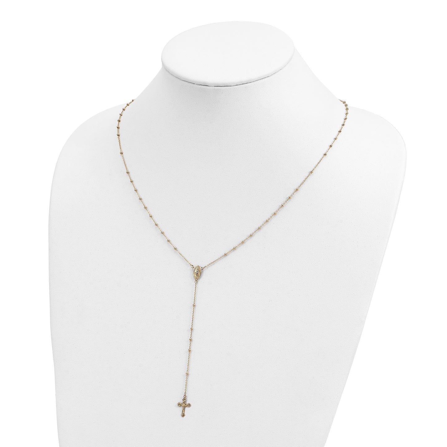14k Polished Crucifix and Miraculous Medal 2mm Beaded 19.5 inch Rosary Necklace