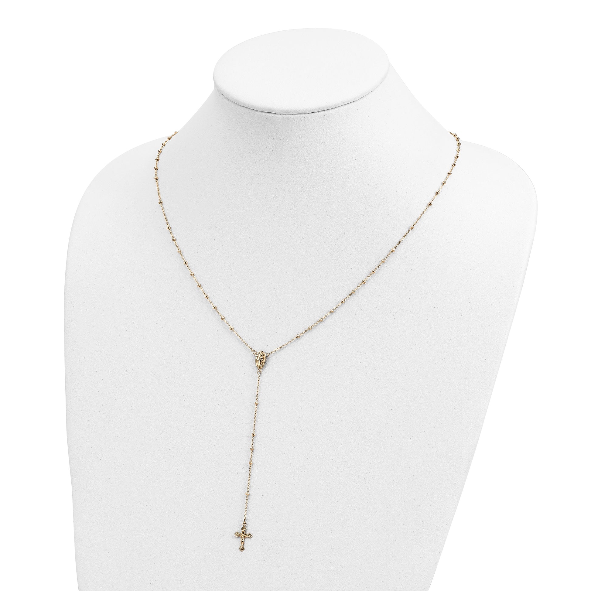 14k Polished Crucifix and Miraculous Medal 2mm Beaded 19.5 inch Rosary Necklace