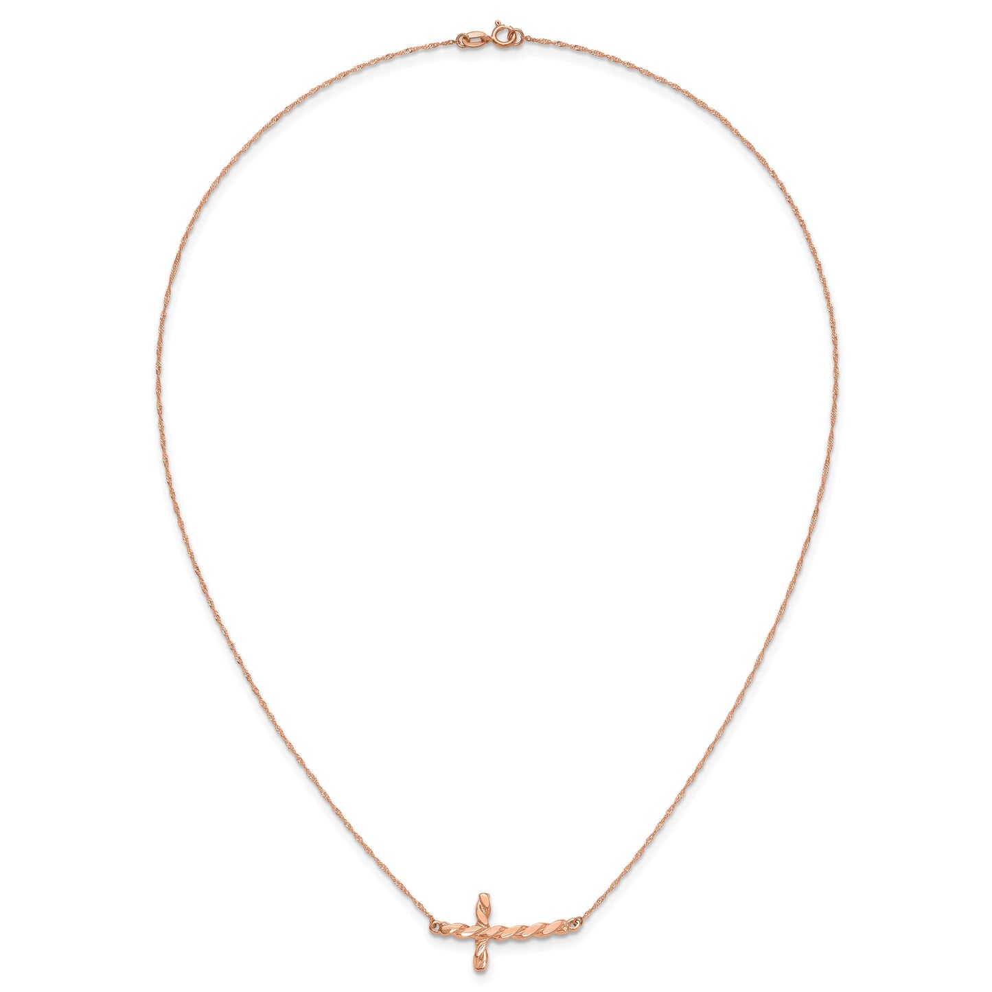 14k Rose Gold Polished Twisted Sideways Cross 17 inch Necklace