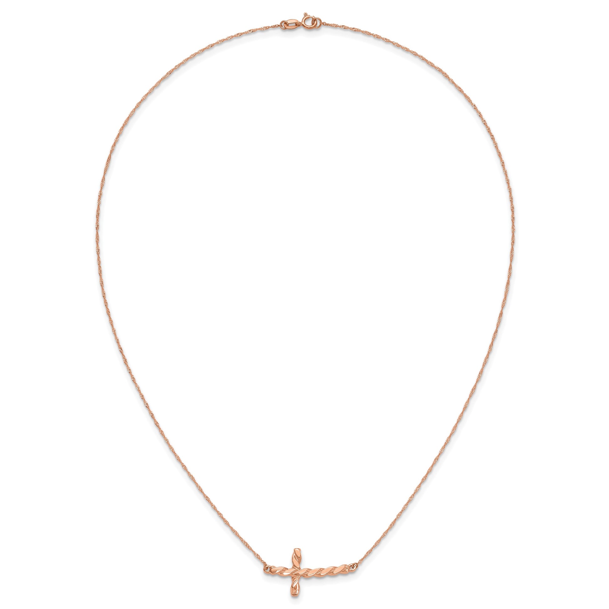 14k Rose Gold Polished Twisted Sideways Cross 17 inch Necklace