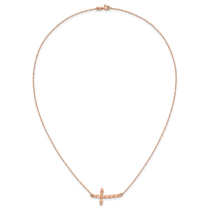 14k Rose Gold Polished Twisted Sideways Cross 17 inch Necklace