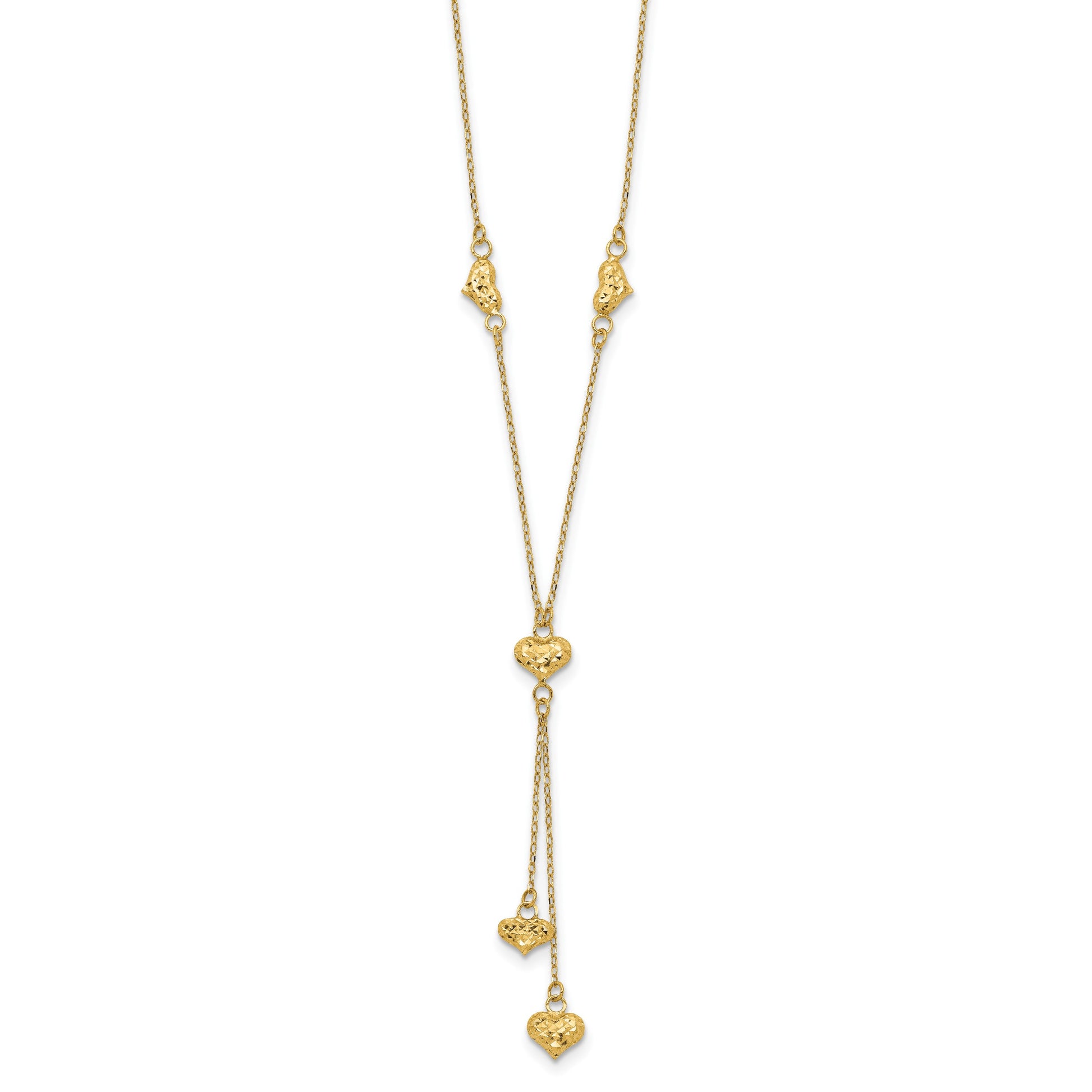 14k Polished Diamond-cut Puffed Hearts 16 inch Lariat Necklace Plus 2 inch Extender