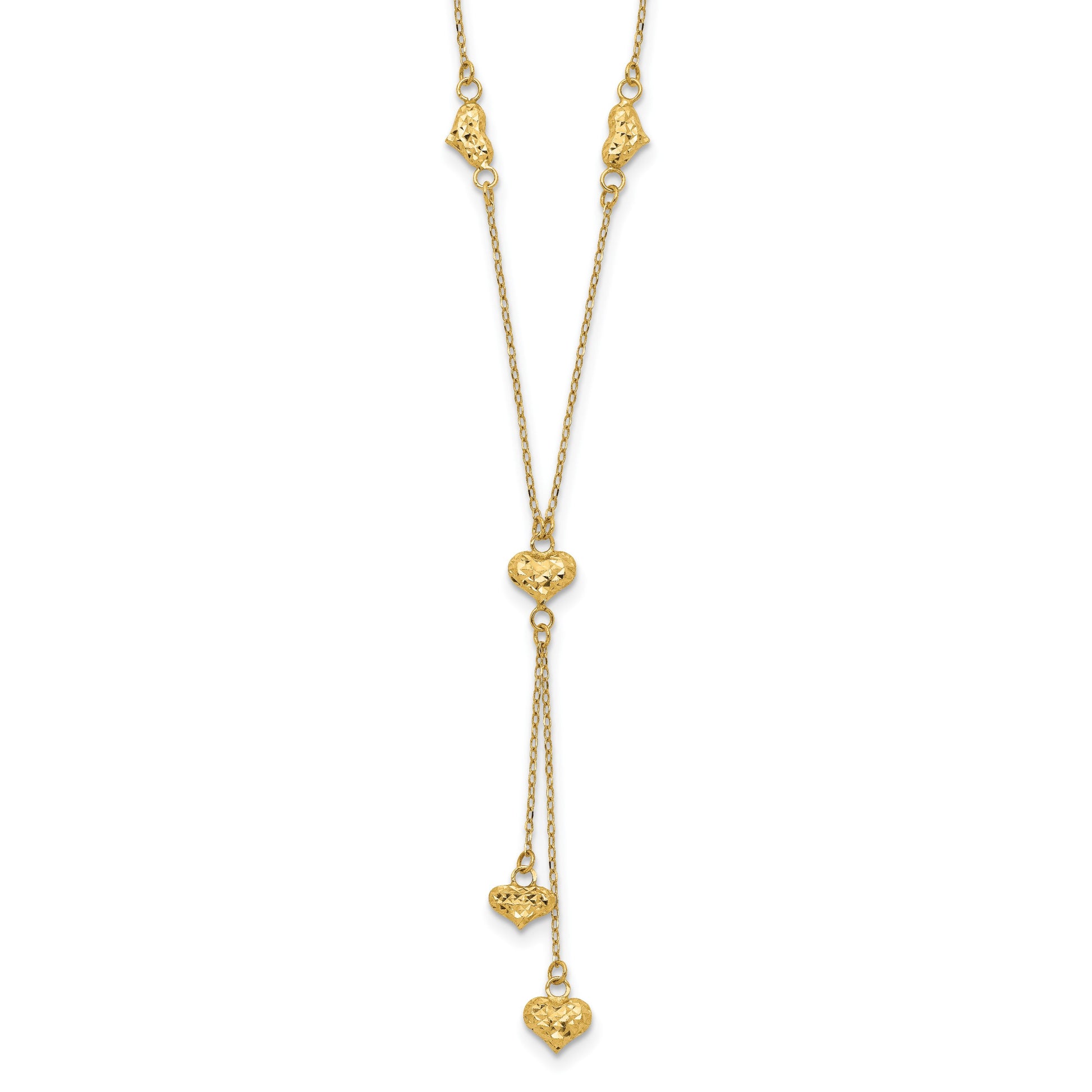 14k Polished Diamond-cut Puffed Hearts 16 inch Lariat Necklace Plus 2 inch Extender