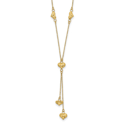 14k Polished Diamond-cut Puffed Hearts 16 inch Lariat Necklace Plus 2 inch Extender