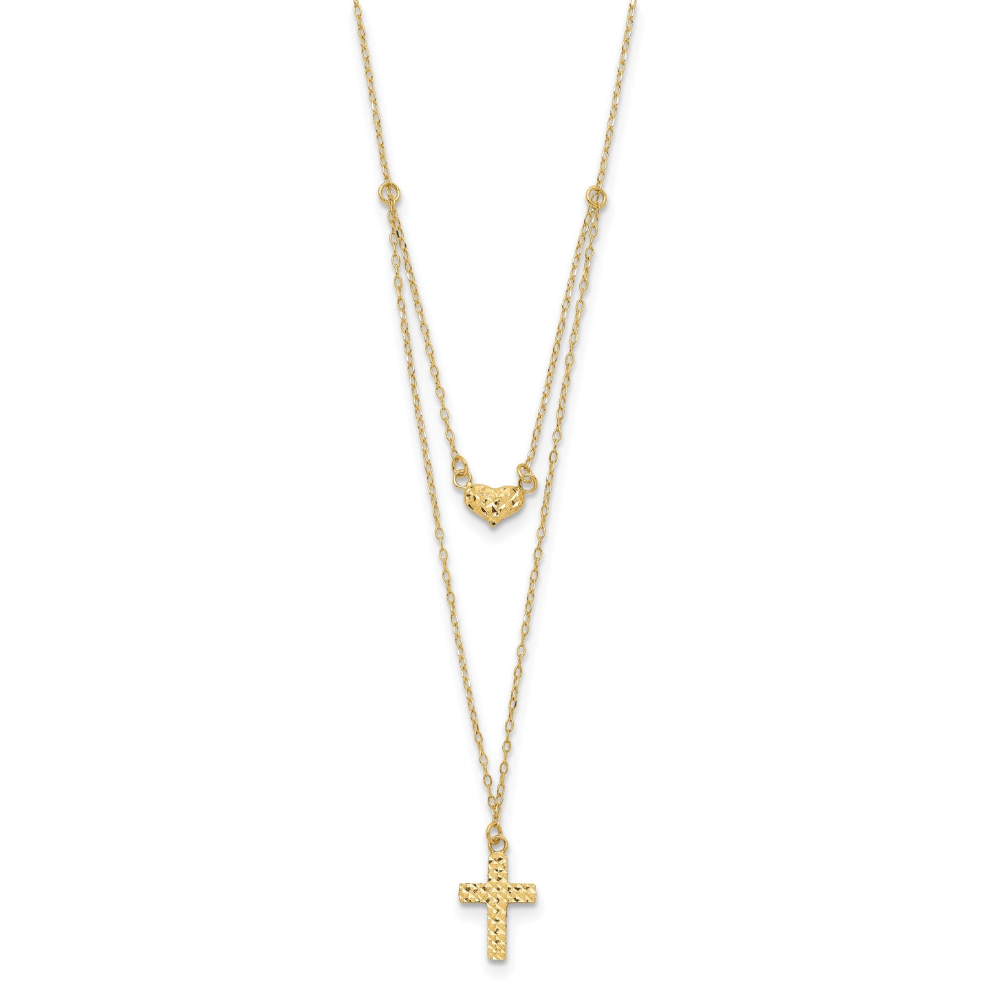 14k Polished 2-Strand Diamond-cut Cross and Heart 16 inch Necklace Plus 2 inch Extender