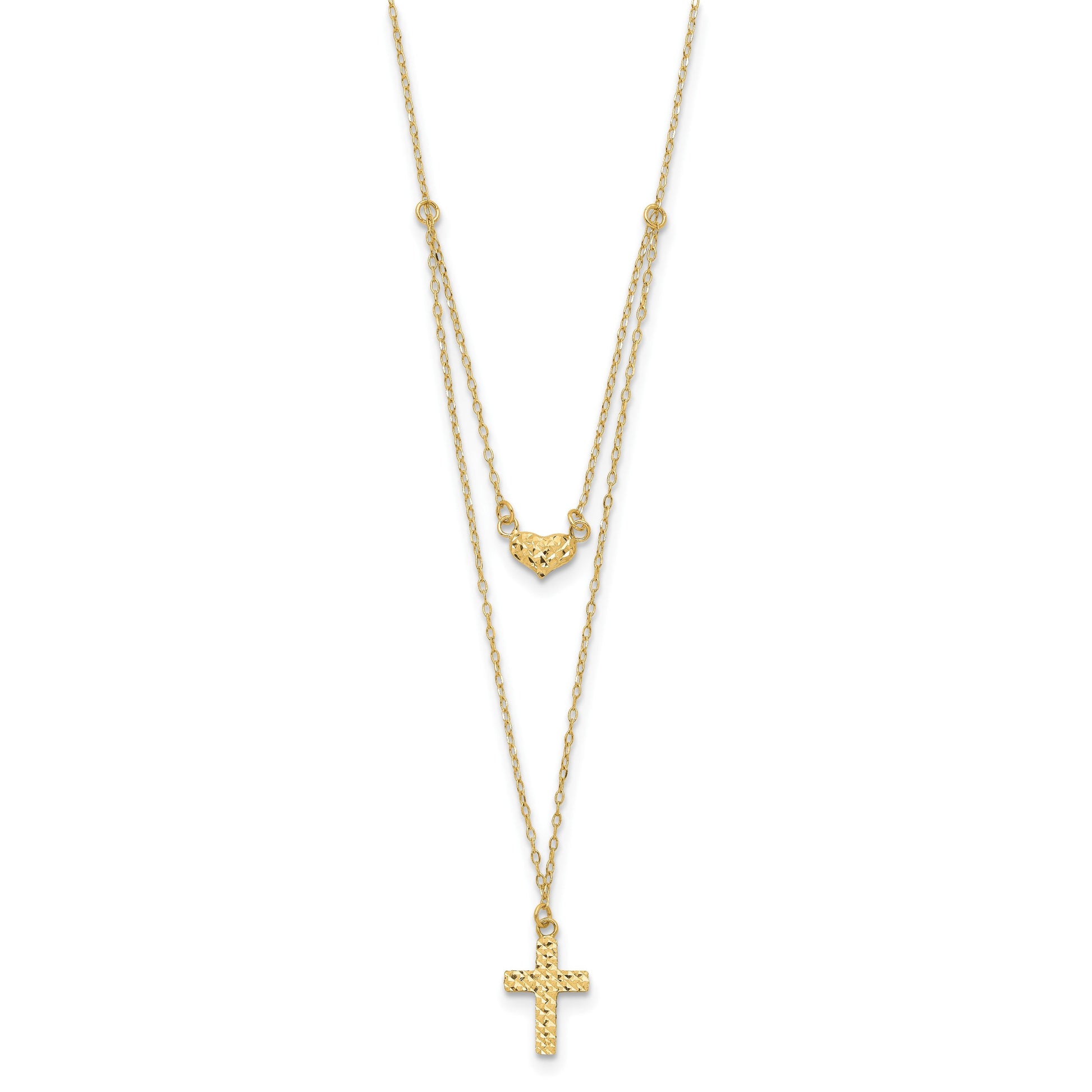 14k Polished 2-Strand Diamond-cut Cross and Heart 16 inch Necklace Plus 2 inch Extender