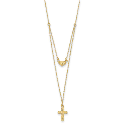 14k Polished 2-Strand Diamond-cut Cross and Heart 16 inch Necklace Plus 2 inch Extender