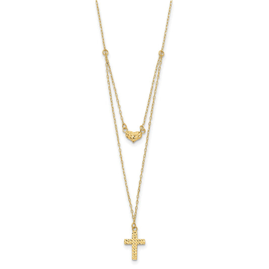 14k Polished 2-Strand Diamond-cut Cross and Heart 16 inch Necklace Plus 2 inch Extender