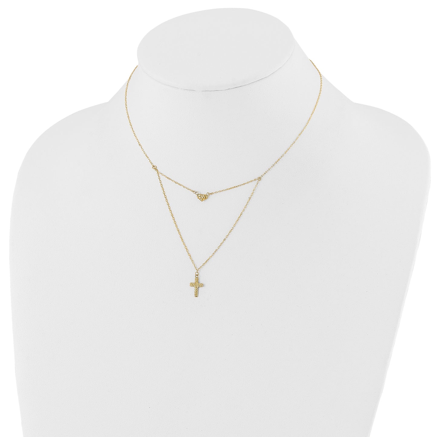 14k Polished 2-Strand Diamond-cut Cross and Heart 16 inch Necklace Plus 2 inch Extender