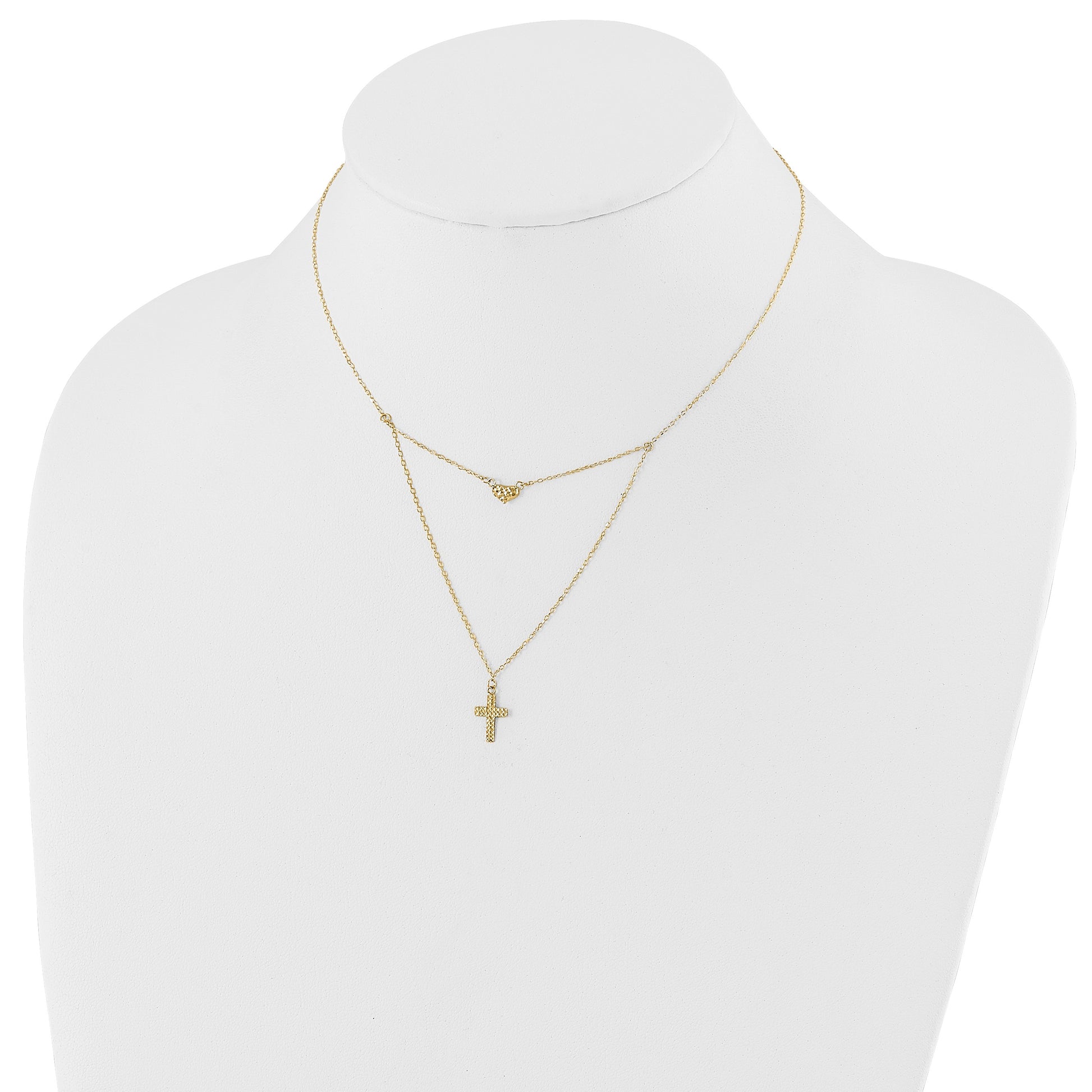 14k Polished 2-Strand Diamond-cut Cross and Heart 16 inch Necklace Plus 2 inch Extender